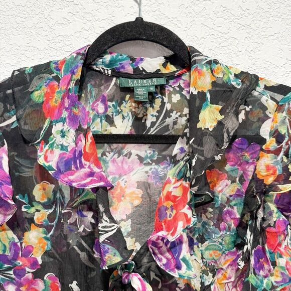 Lauren Ralph Lauren 100% Silk Women Medium Blouse Ruffle Floral Sheer Fairycore - Picture 3 of 8
